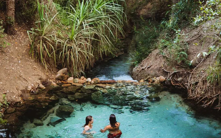 Two people sitting in a turquoise thermal pool fringed with tall pandanus